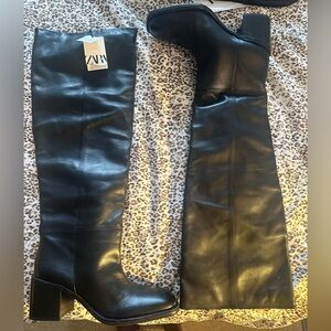 Zara Shiny Black Leather over the knee Boots